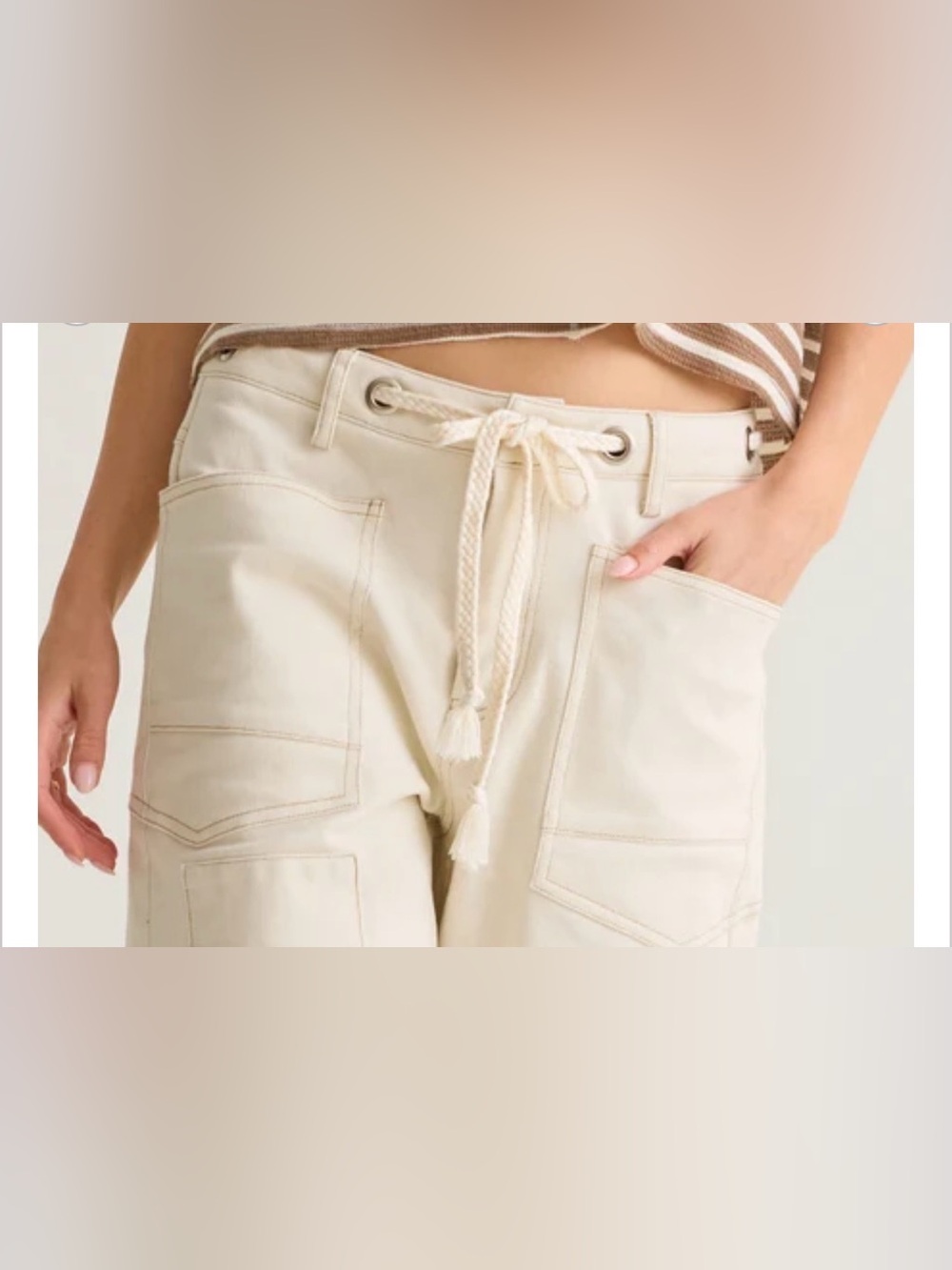 Altar'd State Cream Drawstring Barrel Utility Jeans Size Small - Picture 7 of 9